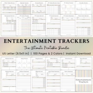 Puede incluir: Un paquete imprimible de rastreadores de entretenimiento para películas, programas de televisión, música, podcasts y restaurantes. El paquete incluye 100 páginas y viene en dos colores. El texto "Entertainment Trackers" está impreso en la portada.