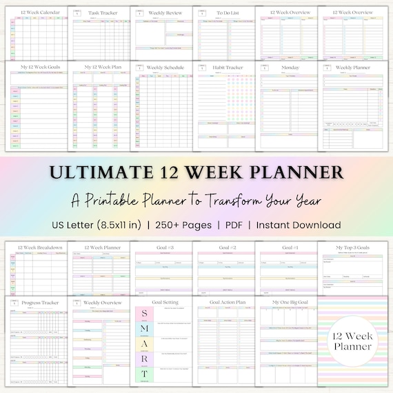 12 Week Planner Printable: Accomplish More in 12 Weeks Than Most Do in a Year (PDF) – Rainbow