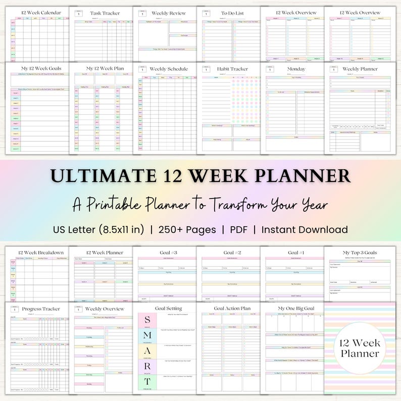 12 Week Planner Printable: Accomplish More in 12 Weeks Than Most Do in a Year (PDF) – Rainbow image 1