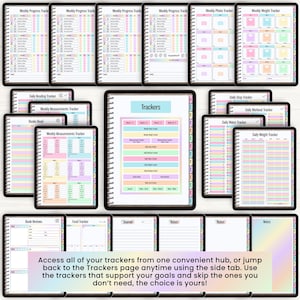 May include: A digital planner set featuring multiple pages with pastel-colored layouts for tracking progress, weight, measurements, daily habits, and reading. The pages include headers like Weekly Progress Tracker, Daily Water Tracker, and Book Reviews.