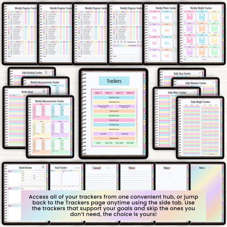 May include: A digital planner set featuring multiple pages with pastel-colored layouts for tracking progress, weight, measurements, daily habits, and reading. The pages include headers like Weekly Progress Tracker, Daily Water Tracker, and Book Reviews.