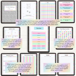 May include: A digital 75 Soft Challenge planner featuring a silver glitter cover and multiple internal pages including an index, challenge rules, before and after trackers, a 75-day countdown, goal mapping, daily checklists, and lined journal pages.