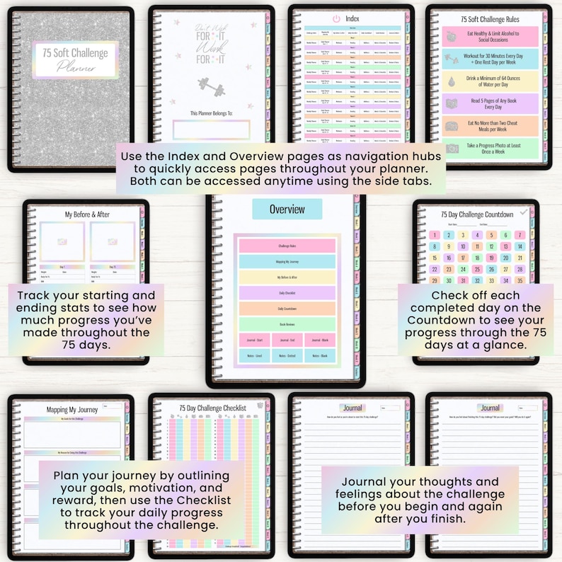 May include: A digital 75 Soft Challenge planner featuring a silver glitter cover and multiple internal pages including an index, challenge rules, before and after trackers, a 75-day countdown, goal mapping, daily checklists, and lined journal pages.