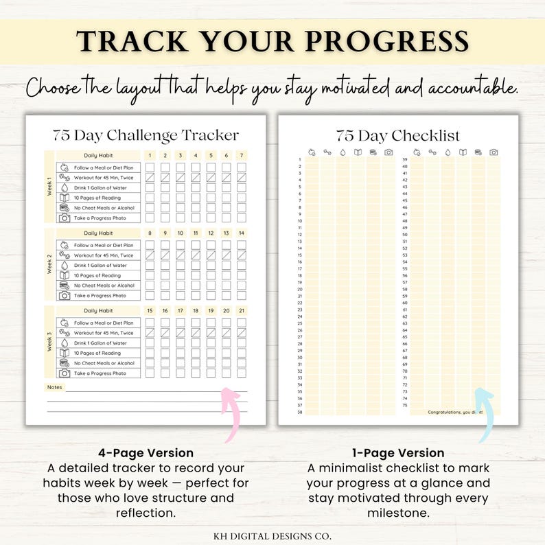 75 Day Challenge Printable Bundle: Workout Planner, ADHD Habit Tracker, Weight Loss Journal, 75 Soft + Medium Challenge (PDF) – 6 Colors image 4
