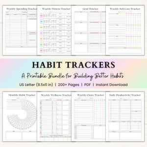 May include: A digital bundle of printable habit tracker pages featuring a Weekly Spending Tracker, Fitness Tracker, Goal Tracker, Self Care Tracker, Monthly Habit Tracker, Wellness Tracker, Chore Tracker, and Daily Productivity Tracker in 21.59 x 27.94 cm.