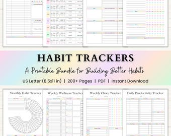 Habit Tracker Printable Bundle | ADHD Routine Tracker | Goal, Mood & Self Care Trackers | PDF | Rainbow