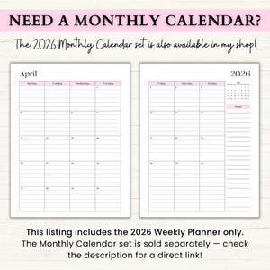 May include: Two-page spread of a 2026 monthly calendar. The left page shows April with a pink header, while the right page displays the rest of the year. The calendar has a simple, clean design with lined spaces for each day.