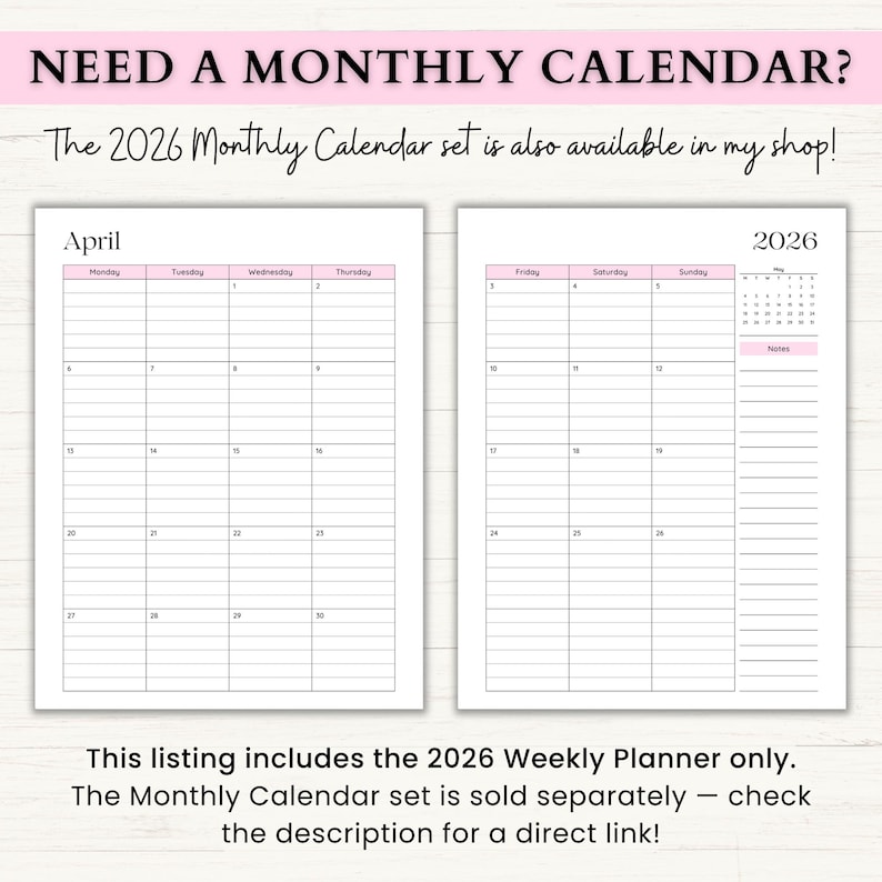 May include: Two-page spread of a 2026 monthly calendar. The left page shows April with a pink header, while the right page displays the rest of the year. The calendar has a simple, clean design with lined spaces for each day.