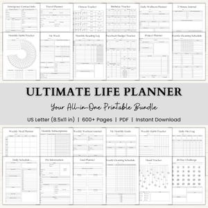 May include: A collection of printable planner pages titled ULTIMATE LIFE PLANNER Your All-in-One Printable Bundle US Letter (8.5x11 in) | 600+ Pages | PDF | Instant Download. The black and white sheets include trackers for habits, fitness, wellness, and budgets.
