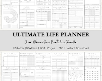 Puede incluir: Una colección de páginas de planificador imprimibles titulada ULTIMATE LIFE PLANNER Your All-in-One Printable Bundle US Letter (8.5x11 in) | 600+ Pages | PDF | Instant Download. Las hojas en blanco y negro incluyen rastreadores de hábitos, fitness, bienestar y presupuestos.