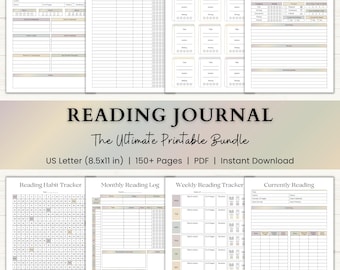 May include: A printable reading journal bundle with various templates, including a discussion guide, book review, and reading habit tracker. The journal is US Letter size (8.5x11 in) and includes over 150 pages.