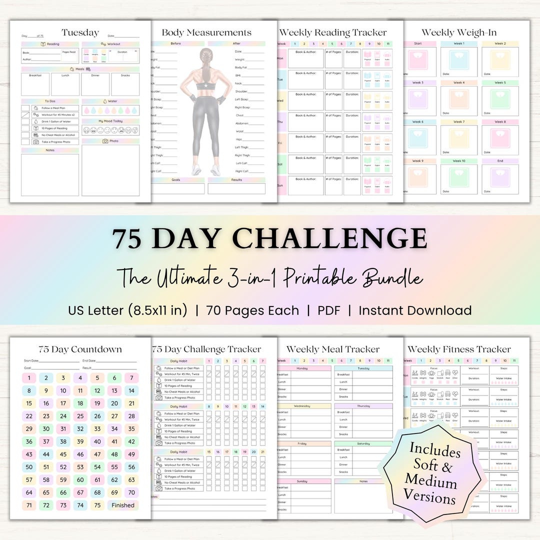 75 Day Challenge Printable Bundle: Fitness Planner, Workout & Habit ...