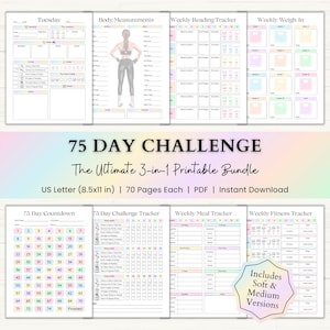 75 Day Challenge Printable Bundle: Fitness Planner, Workout & Habit Tracker, Weight Loss Journal, 75 Soft + Medium Challenge (PDF) – Rainbow