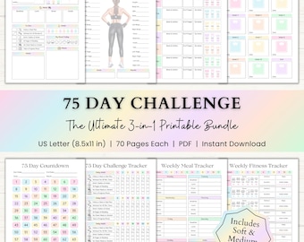 75 Day Challenge Printable Bundle: Fitness Planner, Workout & Habit Tracker, Weight Loss Journal, 75 Soft + Medium Challenge (PDF) – Rainbow