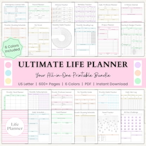 Ultimate Life Planner Printable Bundle – Adhd Productivity, Habits & Self-Care | Exercise, Cleaning, Finance and Reading Trackers | 6 Colors