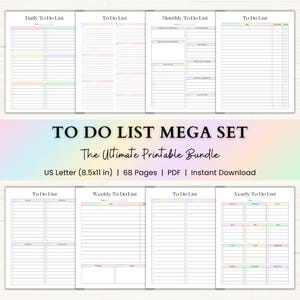 以下が含まれることがあります： 毎日の、毎週の、毎月の、毎年のプランナーを含む、印刷可能な To-Do リスト テンプレートのコレクション。「TO DO LIST MEGA SET」というタイトルが大きく太字で表示されています。このバンドルには 68 ページが含まれています。