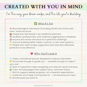 May include: A digital informational graphic with a rainbow border and white background. The text reads: CREATED WITH YOU IN MIND, For the way your brain works, and the life you're building. It lists Who It's For and Why You'll Love It with icons.