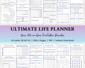 Ultimate Life Planner Printable Bundle | ADHD Monthly Productivity Planner | Yearly Self Care & Wellness Journal | PDF | Blue Purple