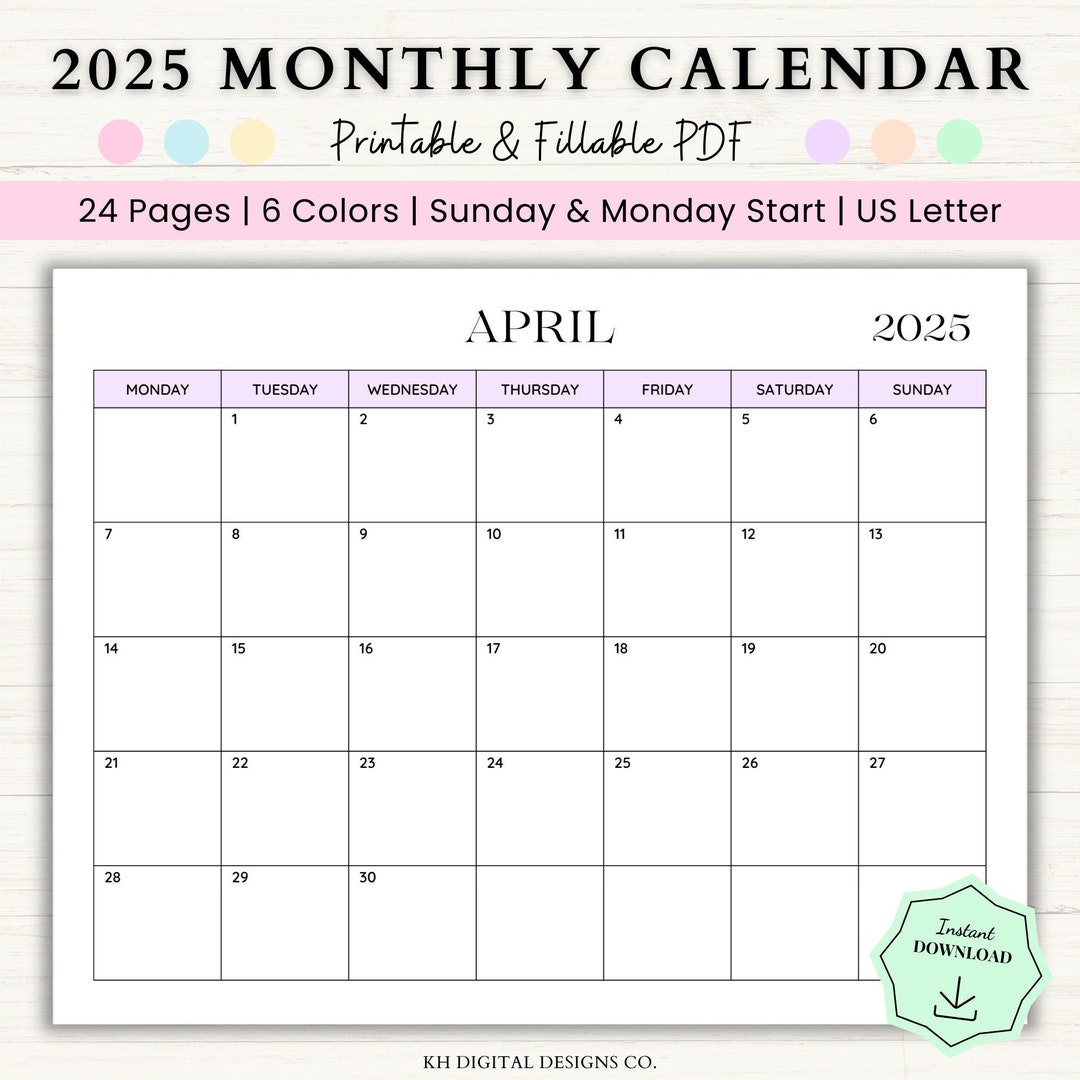 Editable 2025 Monthly Calendar One Page Monthly Planner Dated 12 Month
