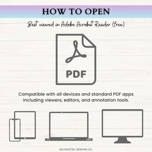 Puede incluir: Un gr&aacute;fico de instrucciones titulado HOW TO OPEN con un icono de archivo PDF, el texto Best viewed in Adobe Acrobat Reader (free) y el texto Compatible with all devices and standard PDF apps including viewers, editors, and annotation tools.