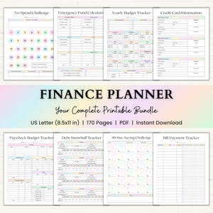 Puede incluir: Un conjunto de páginas imprimibles de planificador financiero con acentos de colores pastel. Las páginas incluyen rastreadores para desafíos sin gastos, fondos de emergencia, presupuestos anuales e información de tarjetas de crédito. El paquete es tamaño US Letter (21,6 x 27,9 cm) y tiene 170 páginas.