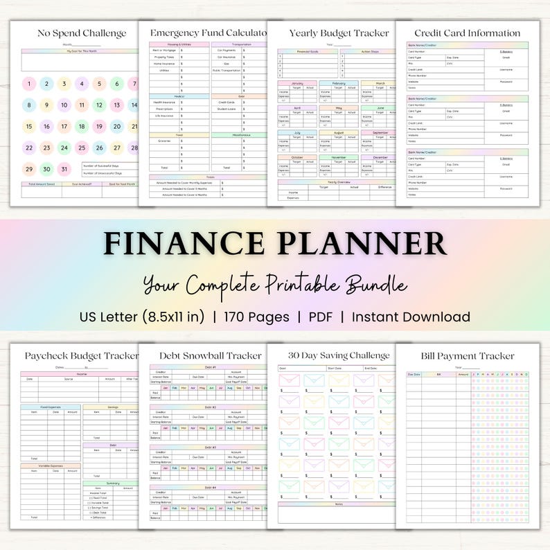 May include: A collection of printable finance planner pages with pastel color accents. The pages include trackers for no-spend challenges, emergency funds, yearly budgets, and credit card information. The bundle is US Letter size (8.5x11 inches) and includes 170 pages.
