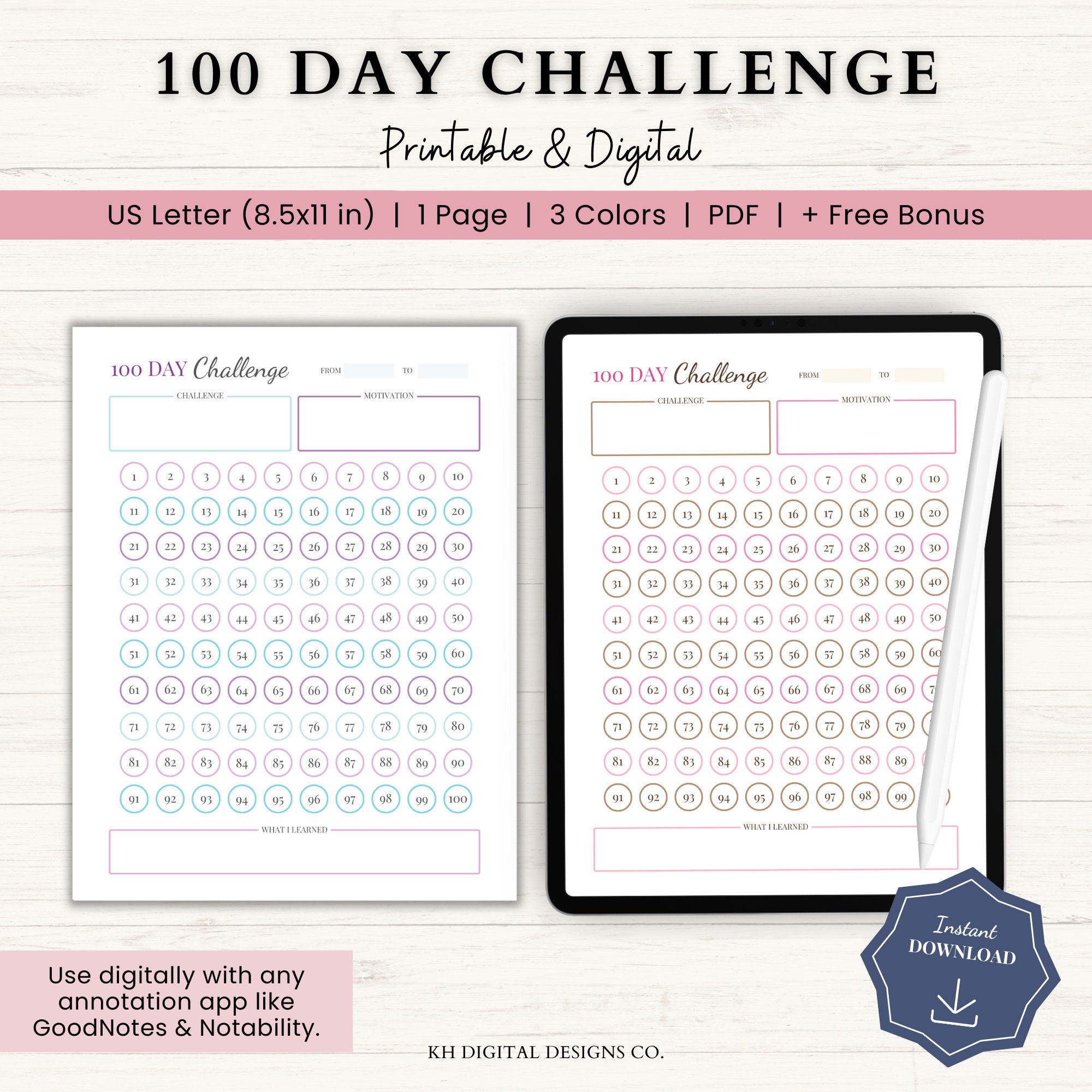 100 Day Challenge Printable, Bujo Journal 100 Day Project Worksheet, Bujo  100 Day Challenge Tracker, Goal Tracker Habit Tracker Resolution 
