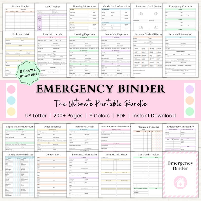 Emergency Binder Printable | End of Life Planner | Household Survival Binder | Family Emergency Planner | What If Binder | PDF | 6 Colors afbeelding 1