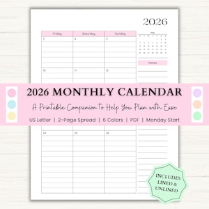 May include: A printable 2026 monthly calendar with a pink header and a May calendar. The calendar includes lined and unlined options. The text reads "2026 Monthly Calendar" and "A Printable Companion to Help You Plan with Ease."