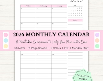 May include: A printable 2026 monthly calendar with a pink header and a May calendar. The calendar includes lined and unlined options. The text reads "2026 Monthly Calendar" and "A Printable Companion to Help You Plan with Ease."