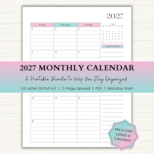 May include: A printable 2027 monthly calendar with a two-page spread, US Letter size (8.5x11 inches). The calendar includes lined and unlined options, with a Monday start. The design features a pastel gradient and the text "A Printable Bundle to Help You Stay Organized."