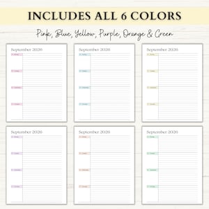 May include: Six undated planner pages with the text "September 2026" and color-coded sections in pink, blue, yellow, purple, orange, and green. The top banner reads "INCLUDES ALL 6 COLORS".