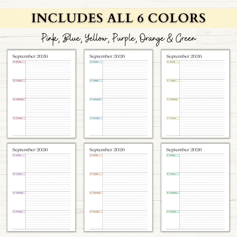 May include: Six undated planner pages with the text "September 2026" and color-coded sections in pink, blue, yellow, purple, orange, and green. The top banner reads "INCLUDES ALL 6 COLORS".