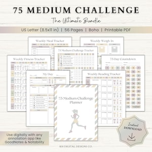 75 Medium Challenge Printable Planner | 75 Day Tracker Template | Workout Journal | Fitness Wellness Challenge Tracker | Weight Loss Planner