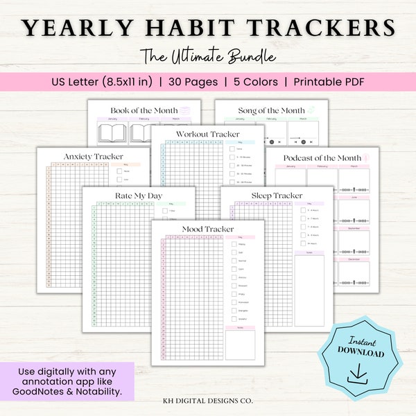 2024 Yearly Habit Tracker Printable Bundle | Mood Tracker | Reading Tracker | Period Tracker | Workout Tracker | Sleep & Dream Tracker | PDF