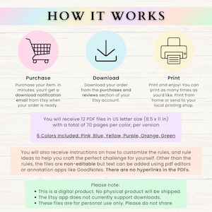 May include: How to download and print a digital product. The image shows a shopping cart, a download arrow, and a printer icon. The text explains that the product is a digital download and includes 12 PDF files in US letter size (8.5 x 11 inches) with 70 pages per color. The product is available in six colors: pink, blue, yellow, purple, orange, and green.