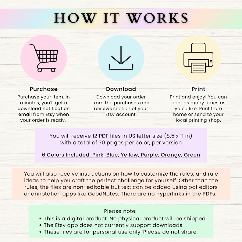 May include: How to download and print a digital product. The image shows a shopping cart, a download arrow, and a printer icon. The text explains that the product is a digital download and includes 12 PDF files in US letter size (8.5 x 11 inches) with 70 pages per color. The product is available in six colors: pink, blue, yellow, purple, orange, and green.