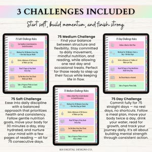 May include: A digital graphic titled 3 CHALLENGES INCLUDED featuring three tablet-style displays showing rules for 75 Soft, 75 Medium, and 75 Day challenges. Each display lists daily tasks like exercise, water intake, reading, and progress photos.