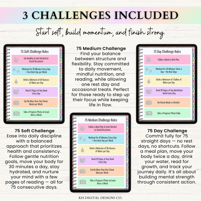 May include: A digital graphic titled 3 CHALLENGES INCLUDED featuring three tablet-style displays showing rules for 75 Soft, 75 Medium, and 75 Day challenges. Each display lists daily tasks like exercise, water intake, reading, and progress photos.