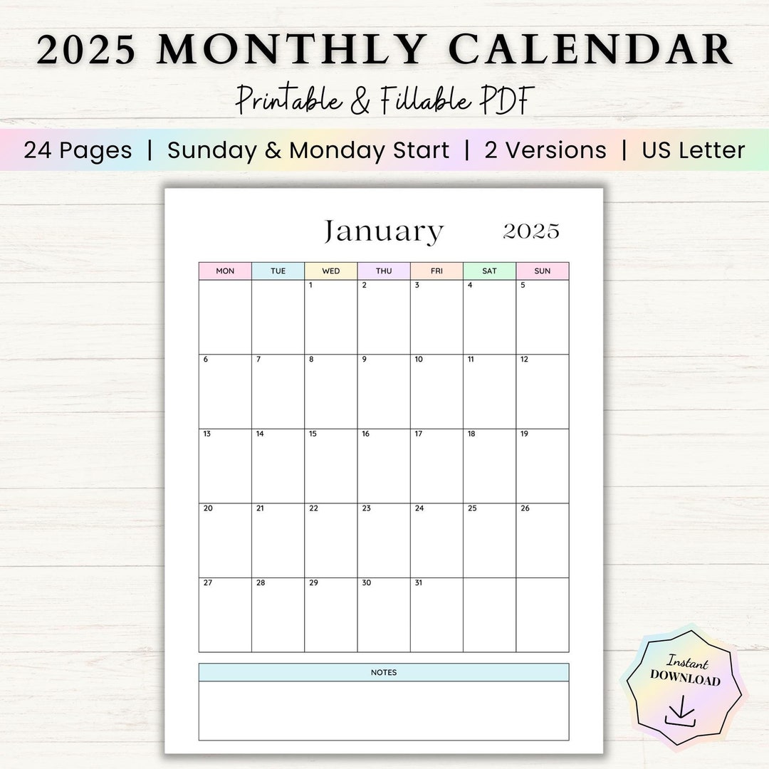 Editable 2025 Monthly Calendar | Monthly Agenda Template | Monthly