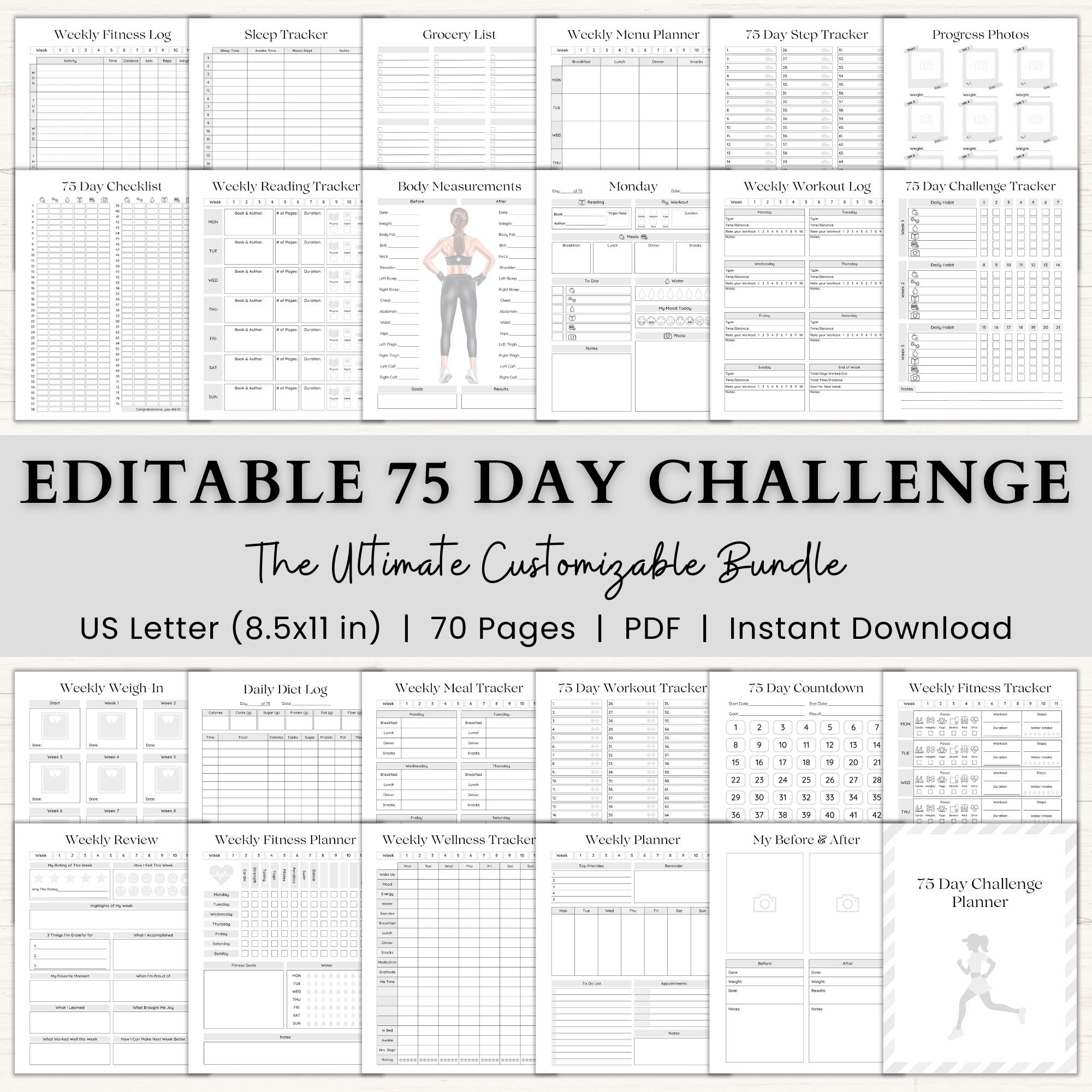 Editable 75 Day Challenge Planner | 75 Soft Printable | 75 Medium Tracker Template | Fitness Planner | Weight Loss Journal | Workout Tracker