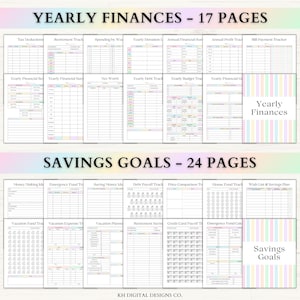 May include: A digital planner with "Yearly Finances" and "Savings Goals" sections. The planner includes pages for tracking tax deductions, retirement, debt, and savings. The design features pastel color accents and the text "KH DIGITAL DESIGNS CO."