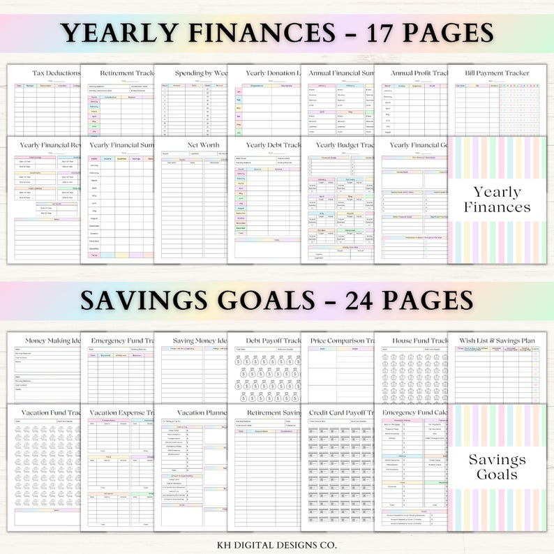 May include: A digital planner with "Yearly Finances" and "Savings Goals" sections. The planner includes pages for tracking tax deductions, retirement, debt, and savings. The design features pastel color accents and the text "KH DIGITAL DESIGNS CO."