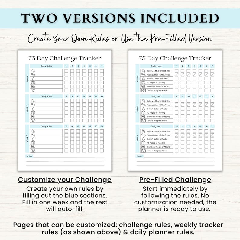 May include: Two printable 75-day challenge tracker pages. The first page is customizable with blank sections for users to fill in their own rules. The second page is pre-filled with a sample list of daily habits. Both pages feature a light blue background and black text.