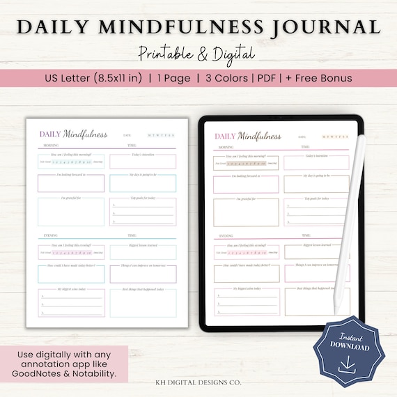 Daily Mindfulness Journal Printable | Calm Mind Journal | Wellness Journal | Mental Health Journal | Self Care Journal | Anxiety Journal PDF