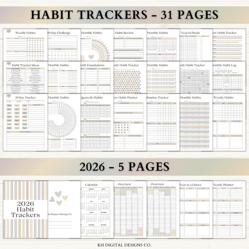 2026 Habit Tracker Printable Bundle: Minimalist Fitness Journal, ADHD Mood &amp; Routine Tracker ...