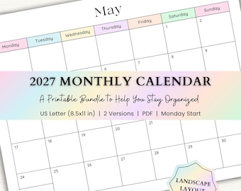 2027 Monthly Calendar Printable | Monday Start, Landscape Calendar | Wall Planner | Month at a Glance | PDF | Rainbow