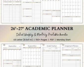May include: A collection of printable academic planner pages, including class overview, daily study planner, and monthly calendars for April and September. The planner is dated for the 26'-27' academic year and is US Letter size (8.5x11 in).