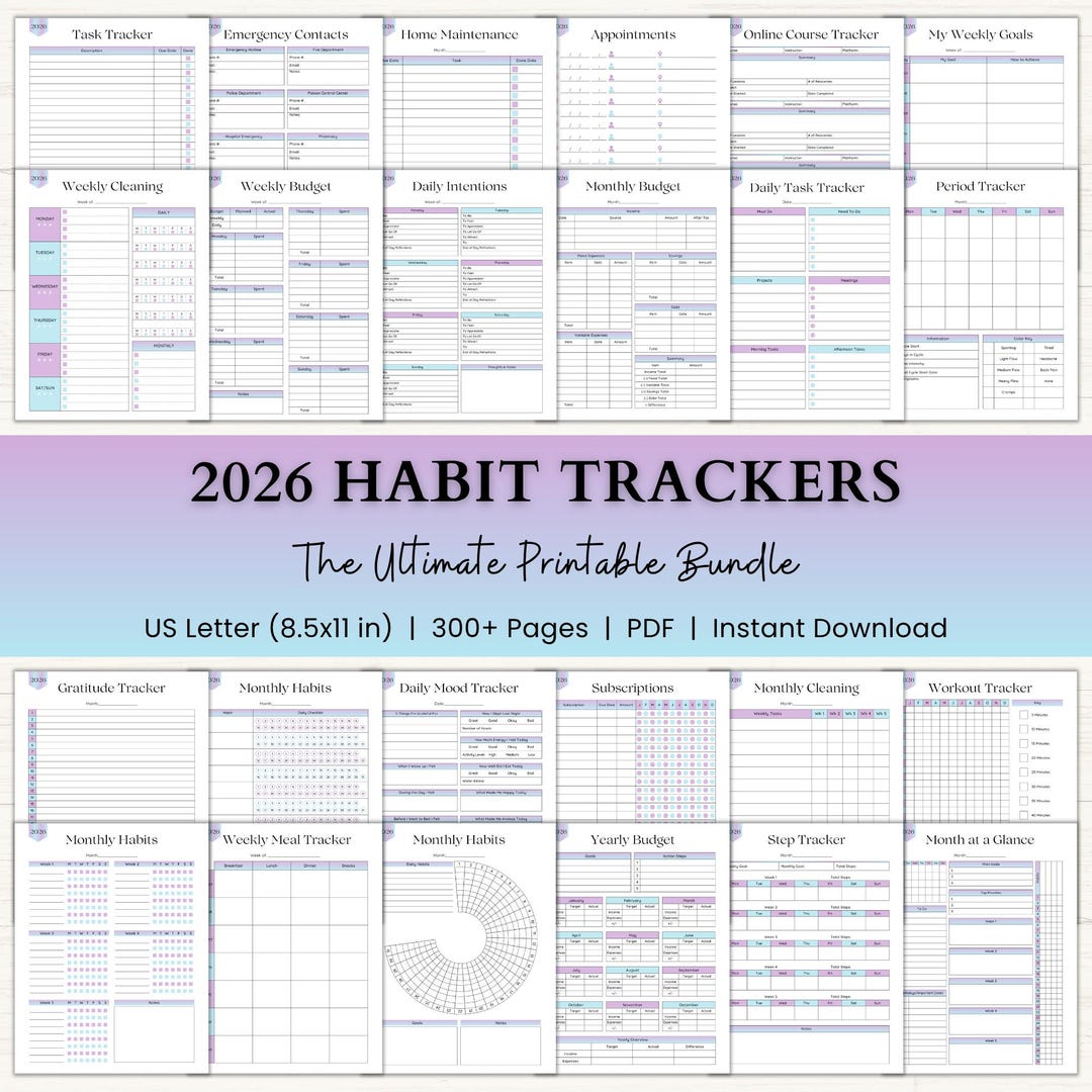 2026 Habit Tracker Printable Bundle: Fitness &amp; Weight Loss Journal, Weekly Task Tracker, Goal ...