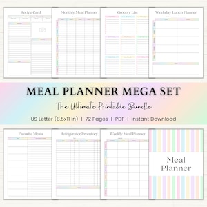 May include: A printable meal planner mega set with recipe cards, grocery lists, and weekly meal planners. The set includes a variety of planning pages with pastel color accents. The text "MEAL PLANNER MEGA SET" is displayed prominently.